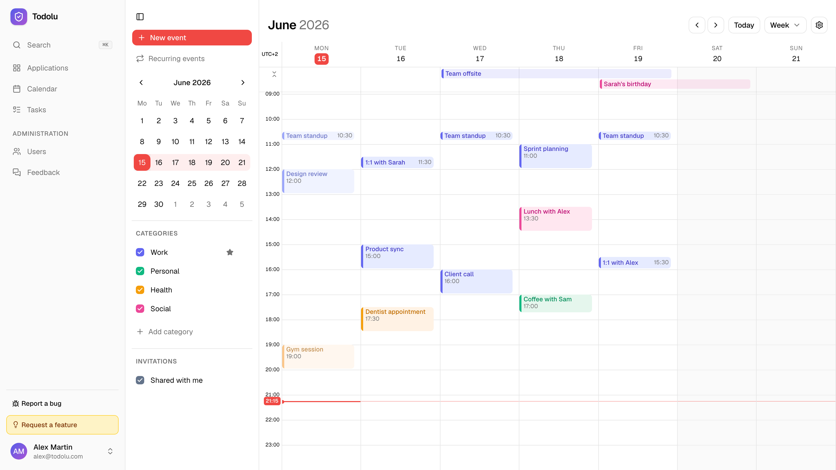 The Todolu calendar showing events across a week